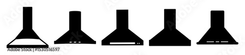 A visual representation of various kitchen range hoods in simple black silhouettes