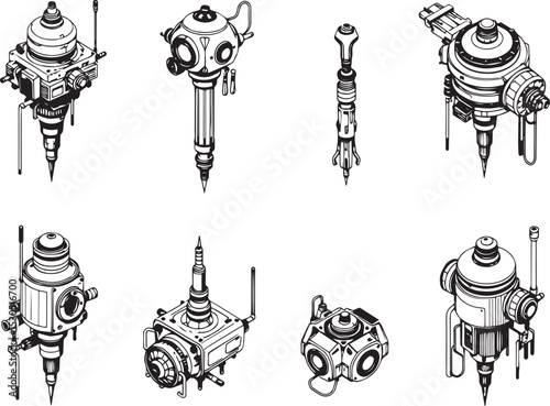 Mechanism set, retro, vintage, steampunk, cyberpunk, decorative elements. Ideal design for social media, cover, banner, flyer, music, ads.