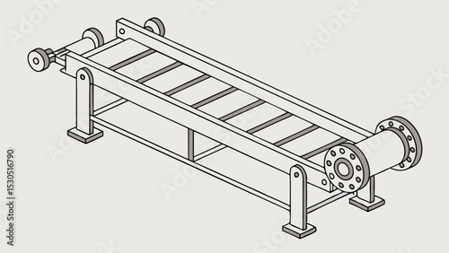 Isometric illustration of a conveyor belt system with rollers and metal frame structure shown in detail
