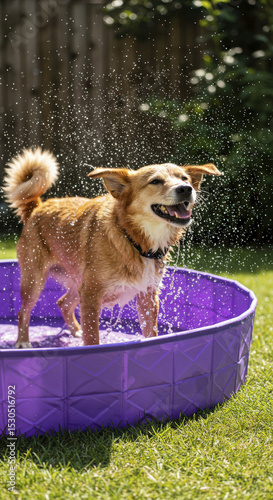 Dog Standing in Purple Outdoor Collapsible Pool with Splashing Water