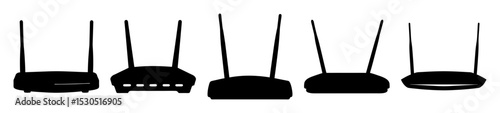 Silhouette of Multiple Wireless Routers with Antennas in a Row on White