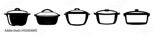 Stylized black and white illustration of five cooking pots with varying shapes