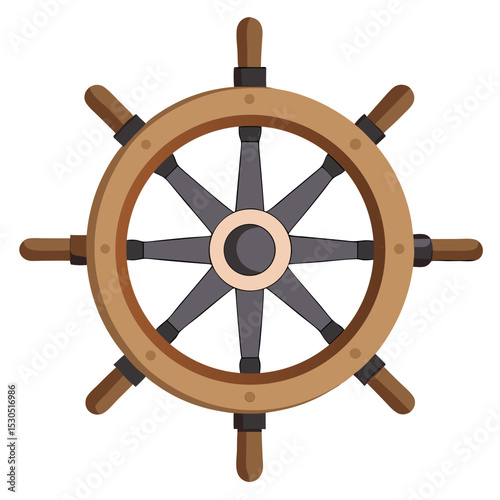 A traditional ship's steering wheel illustration featuring a wooden brown rim with eight spoke handles extending outward.