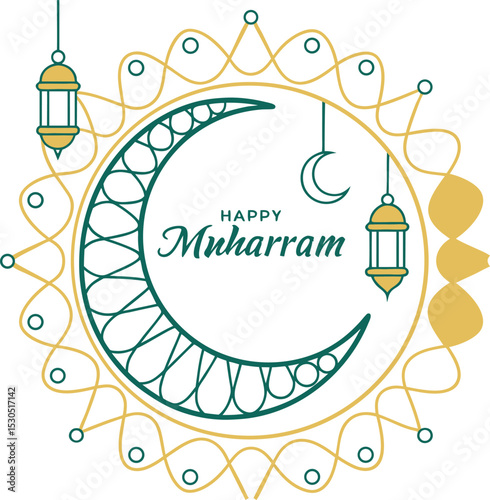  Minimalistic Happy Muharram Design – Crescent Moon, Arabic Calligraphy, and Radiant Gold Lines