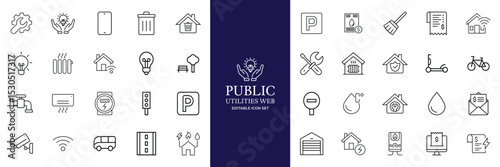 Public utilities web icons line set. Public Utilities Water, Fuel, Electricity, gas, garage, Solar House, Rent receipt, Maintainence, and More vector illustration
