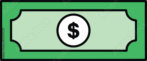 Cartoon Dollar Bill, Flat Green Rectangle, Rounded Edges, White Circle, Dollar Sign