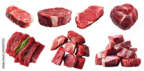 Set of fresh raw red meat, steak beef pork lamb tartare wagyu tenderloin, sliced halved pile ground minced isolated on transparent cutout PNG file. Many different cut. Mockup template for design