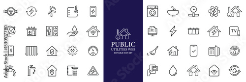 Public utilities web icons line set. Public Utilities Water, Fuel, Electricity, gas, garage, Solar House, Rent receipt, Maintainence, and More vector illustration