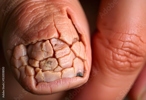 A severely damaged and discolored toenail appearing thickened brittle and cracked with visible debris