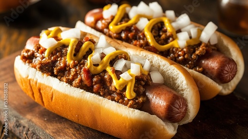 Two hot dogs on buns with chili, mustard, and diced onions