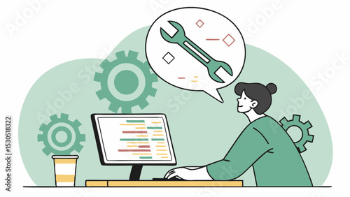 Illustration of a woman at a computer with gears and a wrench in a speech bubble background scene