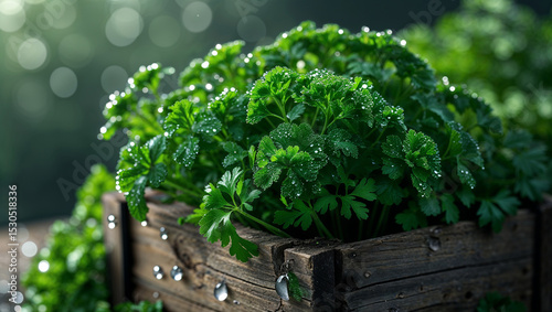 Fresh parsley growing in a rustic wooden box with water droplets for culinary concepts