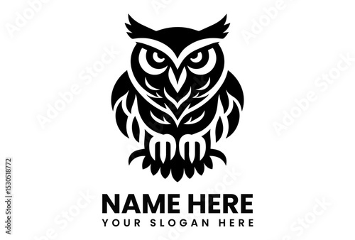 Stylized black silhouette vector logo of a wise owl with intense eyes and sharp features representing knowledge and nature
