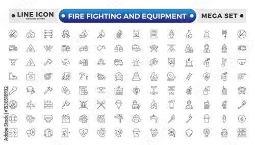 fire fighting and equipment outline Icon Set. Firefighters, Extinguishers, Alarms, and Rescue Vector Icons. Editable stroke outline icon.
