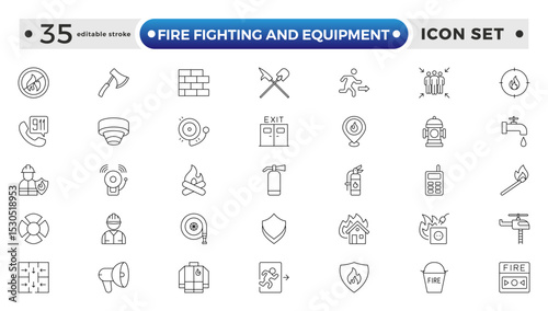 fire fighting and equipment outline Icon Set. Firefighters, Extinguishers, Alarms, and Rescue Vector Icons. Editable stroke outline icon.
