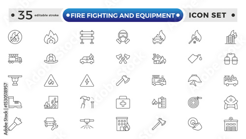 fire fighting and equipment outline Icon Set. Firefighters, Extinguishers, Alarms, and Rescue Vector Icons. Editable stroke outline icon.

