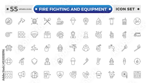 fire fighting and equipment outline Icon Set. Firefighters, Extinguishers, Alarms, and Rescue Vector Icons. Editable stroke outline icon.
