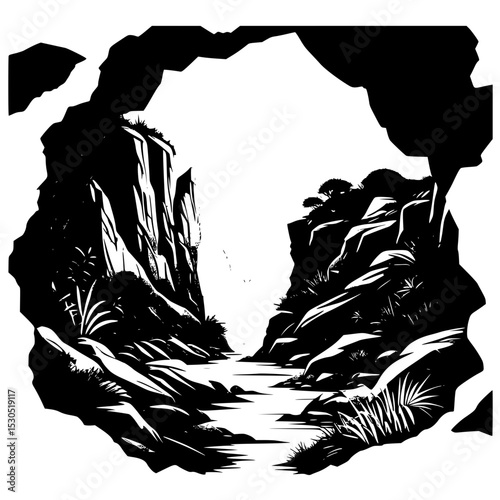 A cave entrance surrounded by rocks hills