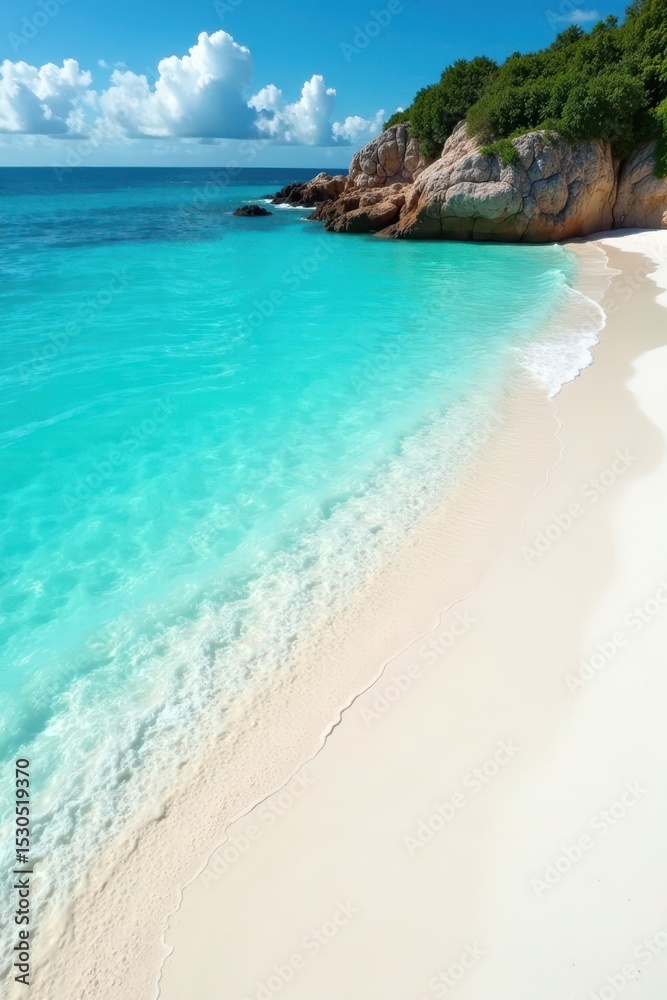 Fototapeta premium Crystal-clear turquoise water laps a pristine white sand beach , sun, sunsets