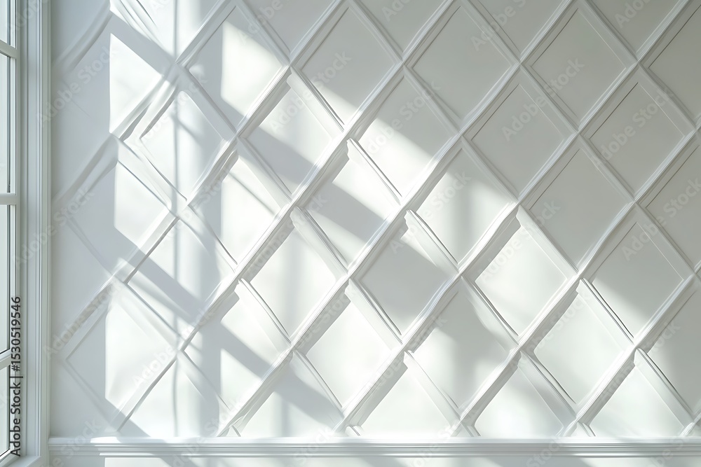 Crisp white diamond panel wall with soft shadows 