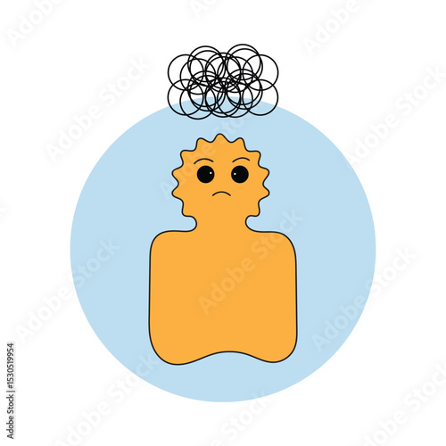 Anxiety Concept – Cartoon Style Head with Complex Thought Circle for Mental Health Awareness
