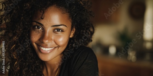 Happy Black Mid-Age Woman Smiling Cheerfully at Home