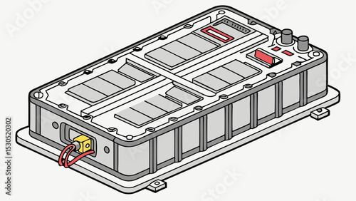 Isometric view of a rectangular gray container with multiple compartments and red wire connections shown