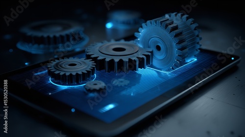 Gears and Tablet Device Low Poly Blue.

