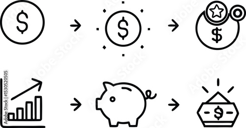 Isolated Finance Process Icons Showing Piggy Bank, Dollar Coins, Growth On White