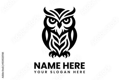 Stylized black silhouette vector logo of a wise owl with intense eyes and sharp features representing knowledge and nature