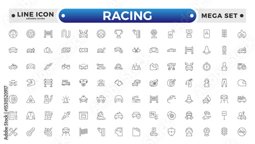 Motor Racing and Sport Car outline Icon Set. Formula 1, Speed, Pit Stop, automotive, race, automobiles, competition, championship, flag, wheel, medal, helmet, car. Editable stroke outline icon.