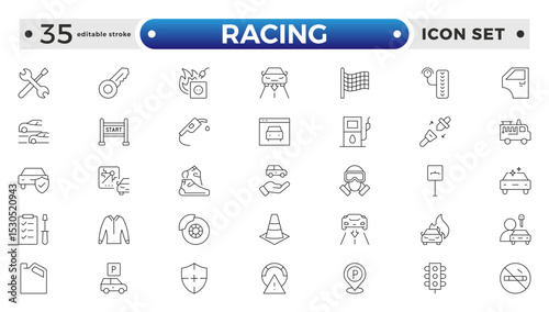 Motor Racing and Sport Car outline Icon Set. Formula 1, Speed, Pit Stop, automotive, race, automobiles, competition, championship, flag, wheel, medal, helmet, car. Editable stroke outline icon.