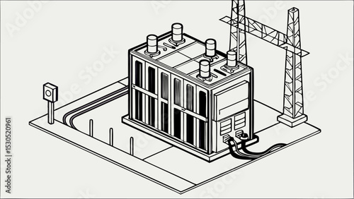 Illustration of an electrical substation with power lines and a control panel in isometric view