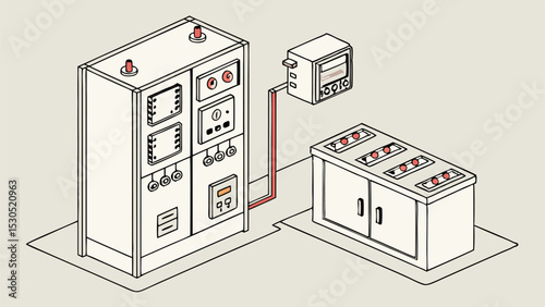Isometric view of electrical control panel connected to a device and a cabinet with indicators