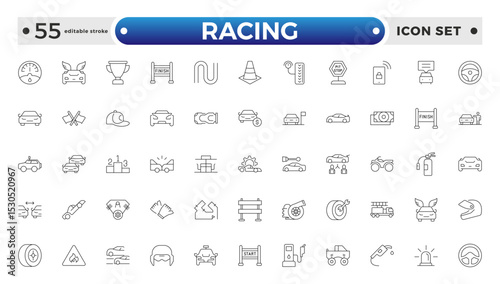Motor Racing and Sport Car outline Icon Set. Formula 1, Speed, Pit Stop, automotive, race, automobiles, competition, championship, flag, wheel, medal, helmet, car. Editable stroke outline icon.