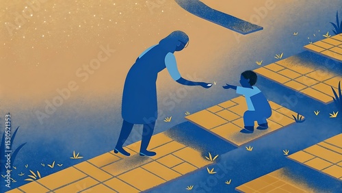 Woman and child sharing a moment on a yellow brick road