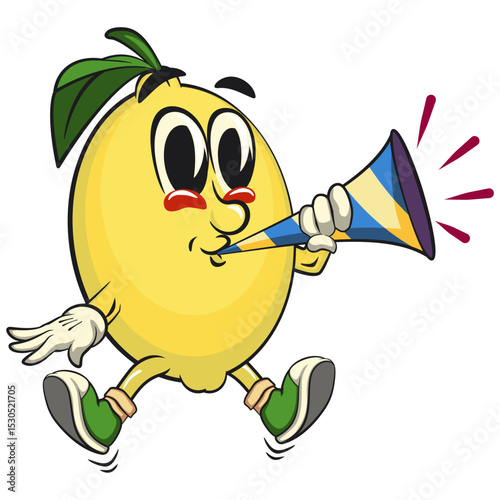 cute lemon mascot cartoon blow the party horn trumpet, fun citrus character vector for summer, work of hand drawn