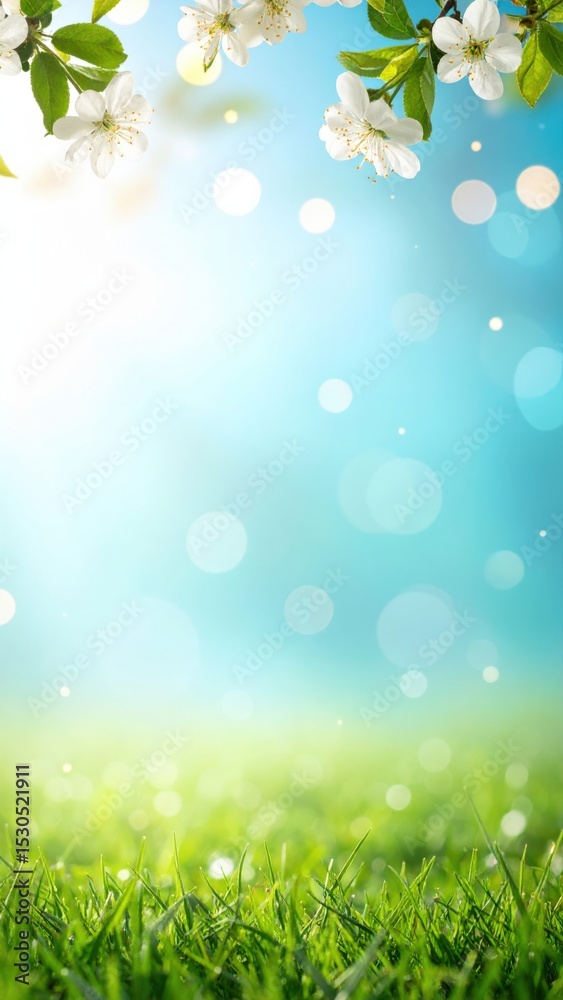 Fototapeta premium Spring blossoms and green grass outdoor nature scene bright day vibrant environment tranquil viewpoint