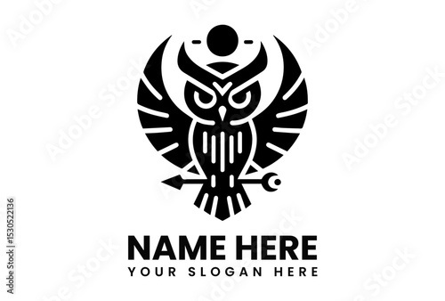 Stylized black silhouette vector logo of a wise owl with intense eyes and sharp features representing knowledge and nature