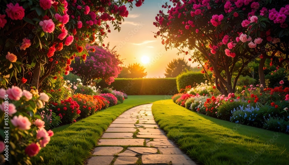 Fototapeta premium Sunset pathway through colorful flower garden outdoor landscape scenic view tranquil environment