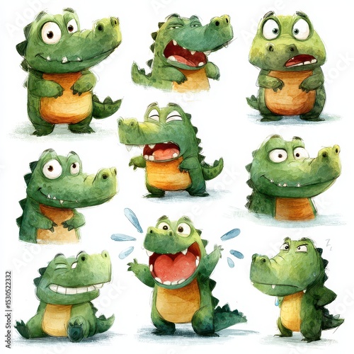 A adorable crocodile character is displayed in multiple poses, expressing a range of emotions including joy, surprise, and curiosity. The character's vibrant colors and playful nature add charm