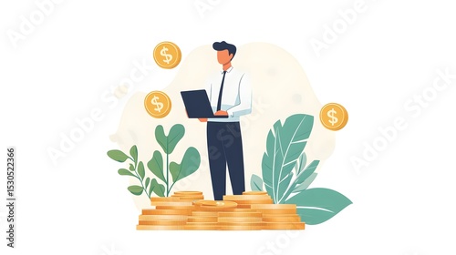 A man is standing in front of a pile of coins and a laptop. Concept of wealth and success, as the man is likely a businessman or entrepreneur. 