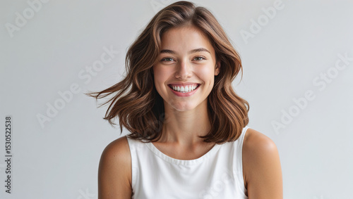 Portrait of a beautiful young woman smiling with perfect white teeth and healthy hair