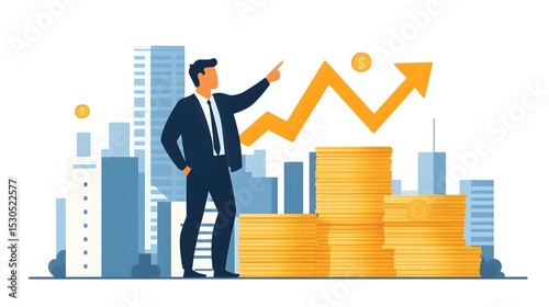 A man pointing at a stack of money with a sign that says 