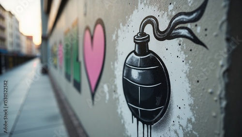 Street art of grenade with fuse on city wall, soft tones, contrast with heart, nuclear disarmament message