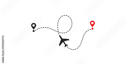 Airplane Travel Path with Red and Black Destination Map Pins