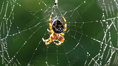 A spider hanging in a web covered in water droplets against a blurred green background outdoors