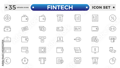 Fintech outline Icons set. Containing Financial, Digital Native, Cloud Tech, Cashless Payment, Digital Economy, Mobile Payments and more. Editable stroke outline icon.
