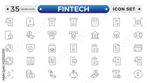 Fintech outline Icons set. Containing Financial, Digital Native, Cloud Tech, Cashless Payment, Digital Economy, Mobile Payments and more. Editable stroke outline icon.
