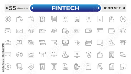 Fintech outline Icons set. Containing Financial, Digital Native, Cloud Tech, Cashless Payment, Digital Economy, Mobile Payments and more. Editable stroke outline icon.
